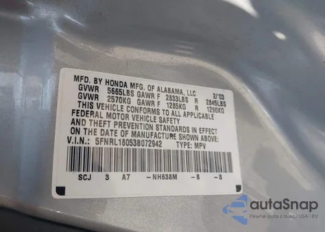 2003 Honda Odyssey Ex-L from USA, damaged, VIN 5FNRL18053B072942